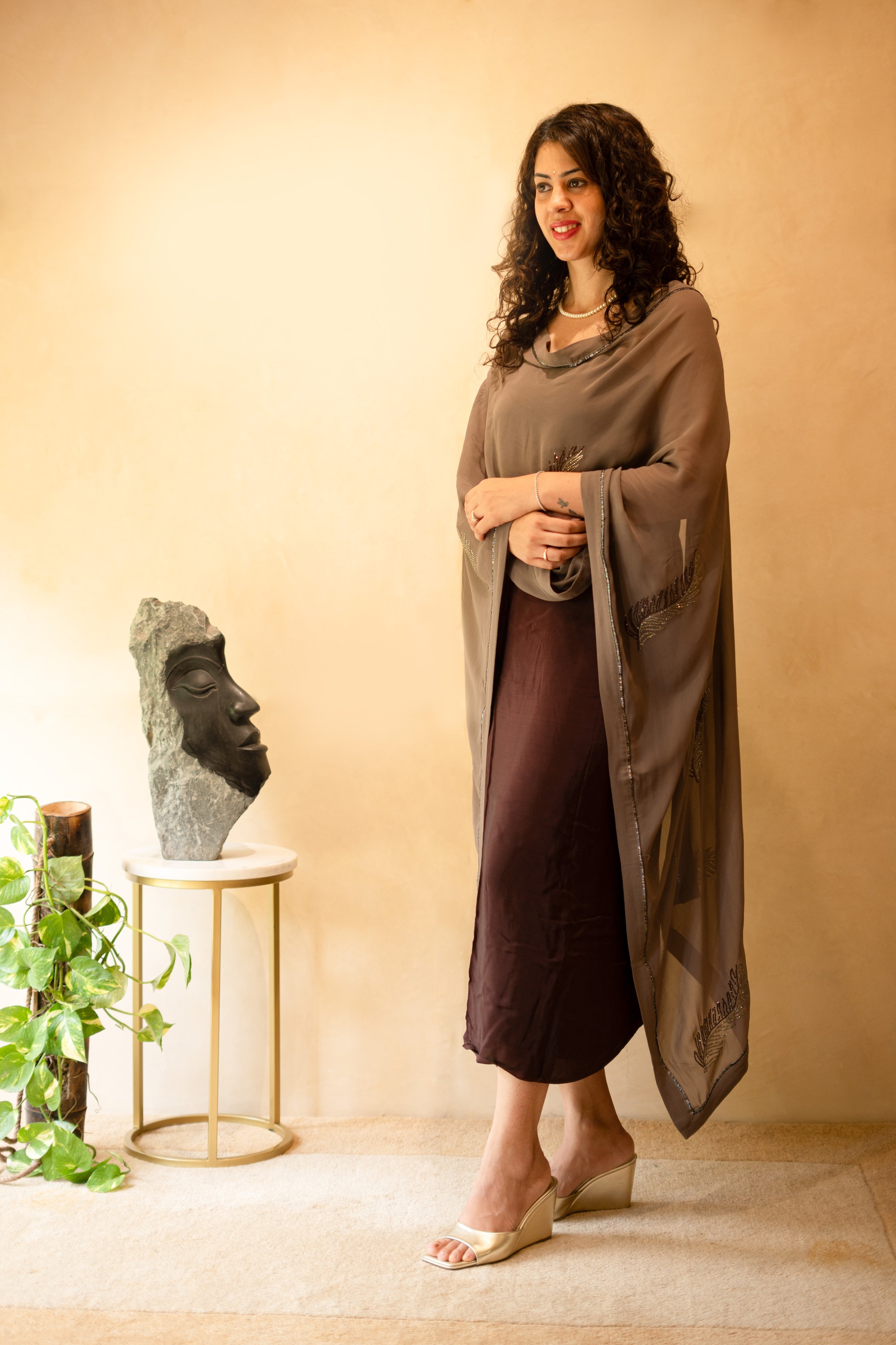 Wine maroon and grey crepe suit material