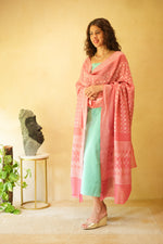 Light blue silk suit material with blush pink Banarasi chiffon dupatta