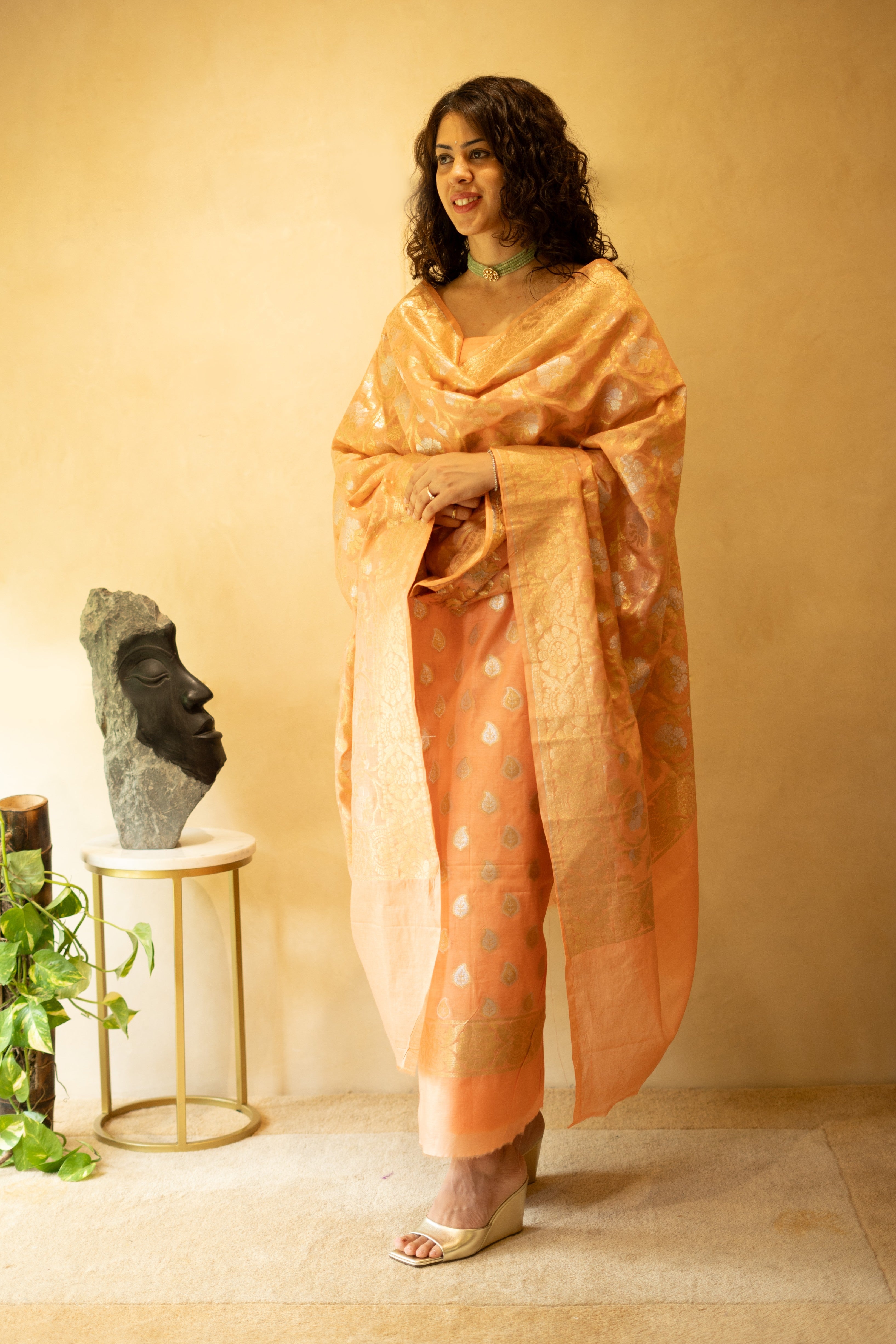 Peach resham weave chanderi suit material