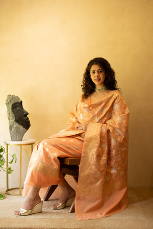 Peach resham weave chanderi suit material