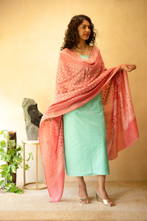 Light blue silk suit material with blush pink Banarasi chiffon dupatta