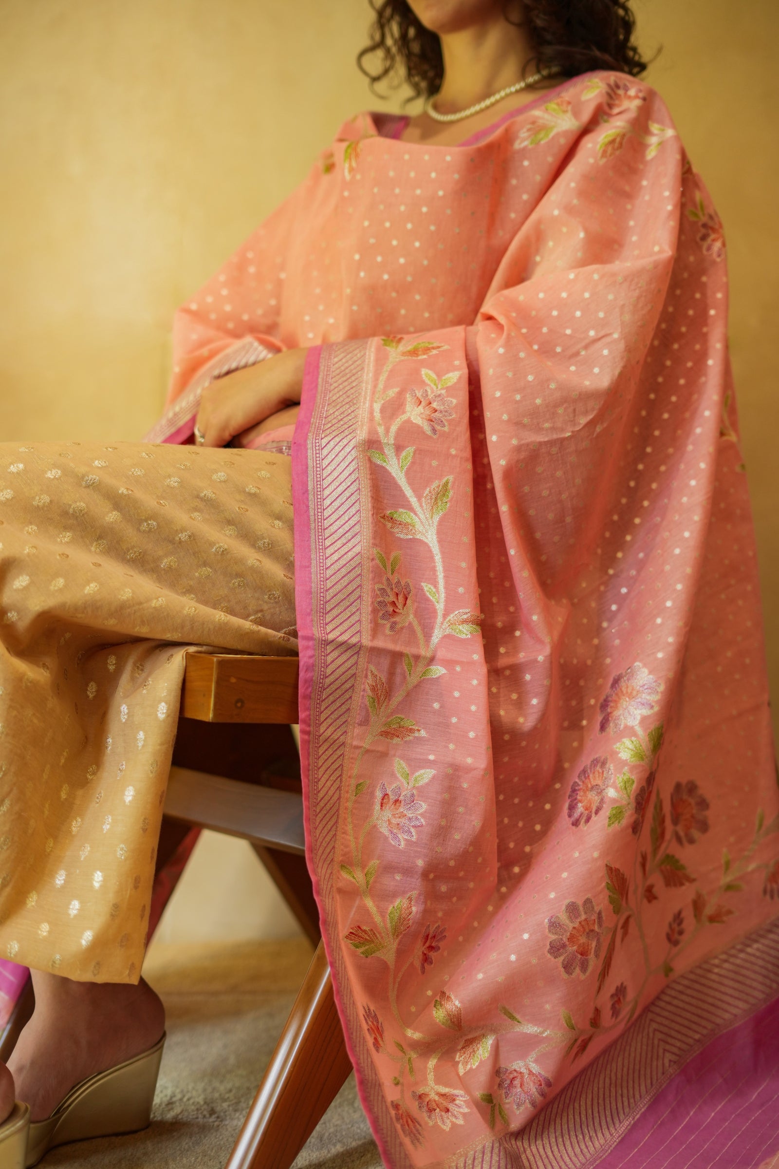 Beige and baby pink chanderi suit material