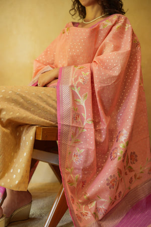 Beige and baby pink chanderi suit material