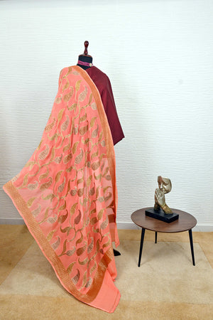 Peachish Orange Banarasi Chiffon Dupatta
