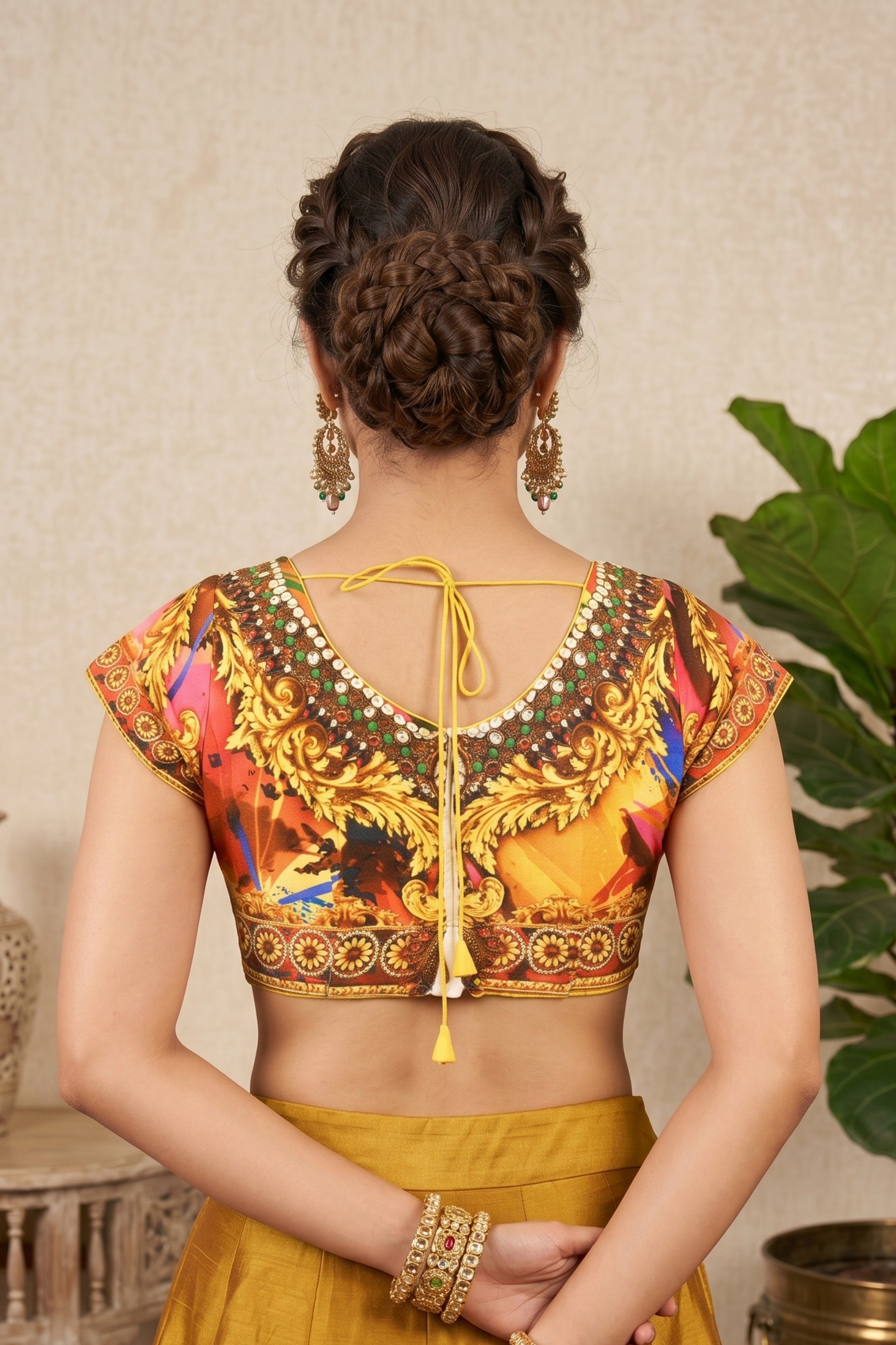 Vibrant Baroque Print Crepe Blouse with Jeweled Neckline
