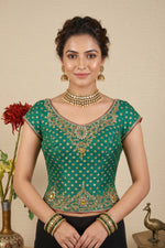 Regal Emerald Green Banarasi Silk Blouse with Heavy Kundan & Zari Embroidery