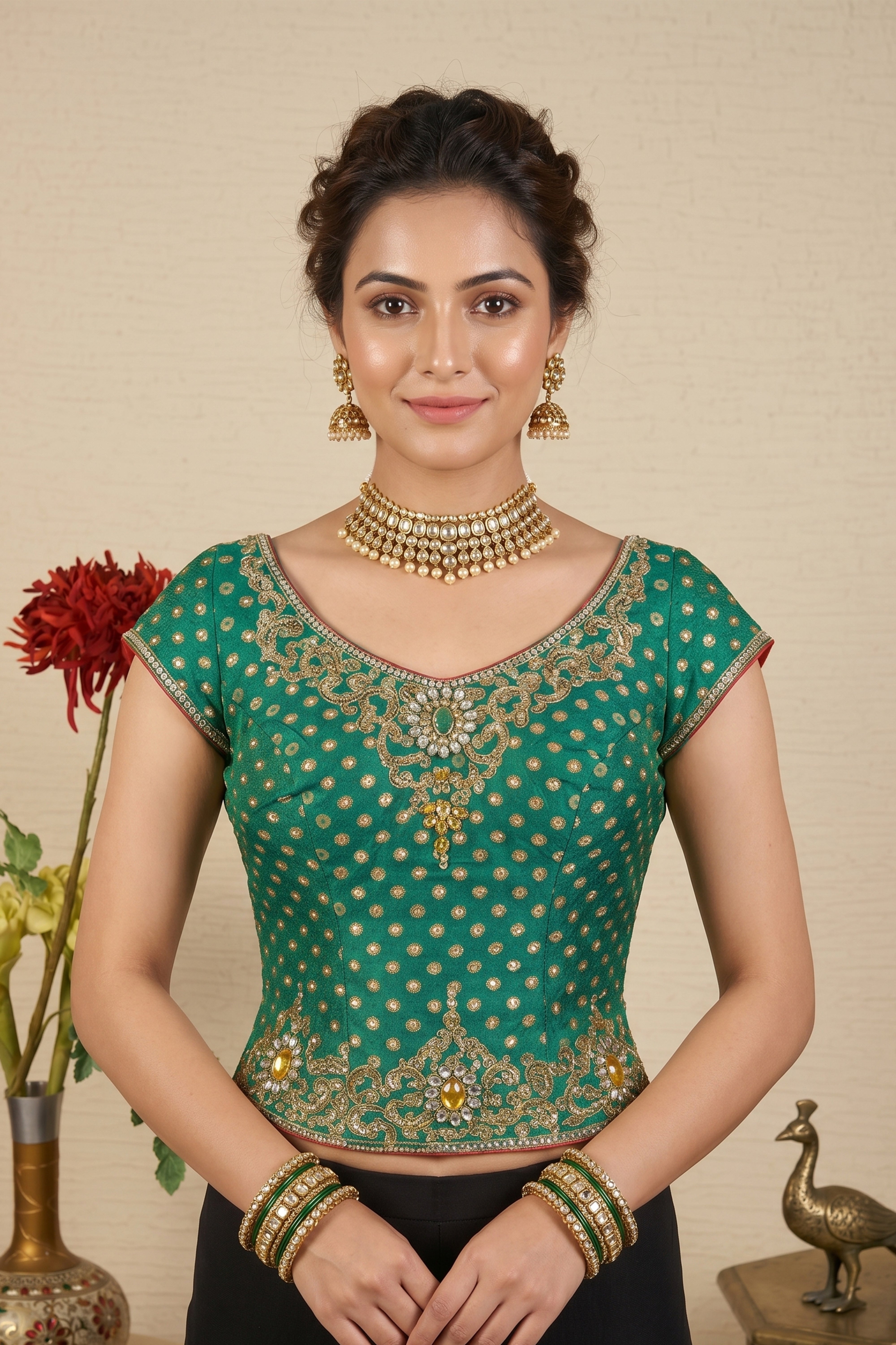 Regal Emerald Green Banarasi Silk Blouse with Heavy Kundan & Zari Embroidery