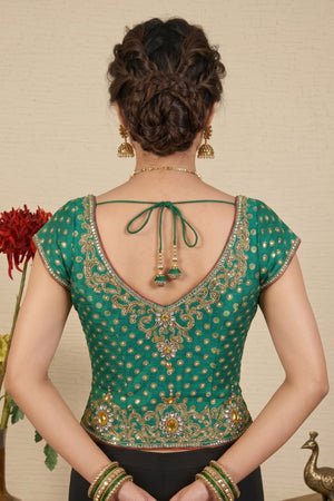 Regal Emerald Green Banarasi Silk Blouse with Heavy Kundan & Zari Embroidery