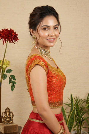 Radiant Coral Orange Banarasi Silk Blouse with Heavy Golden Sequin & Beadwork
