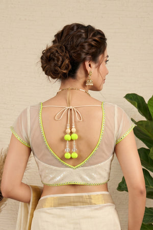Ivory Shimmer Illusion Blouse with Sheer Yoke & Neon Crystal Accents