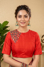 Vibrant Red Raw Silk Blouse with Asymmetrical Mirror Work