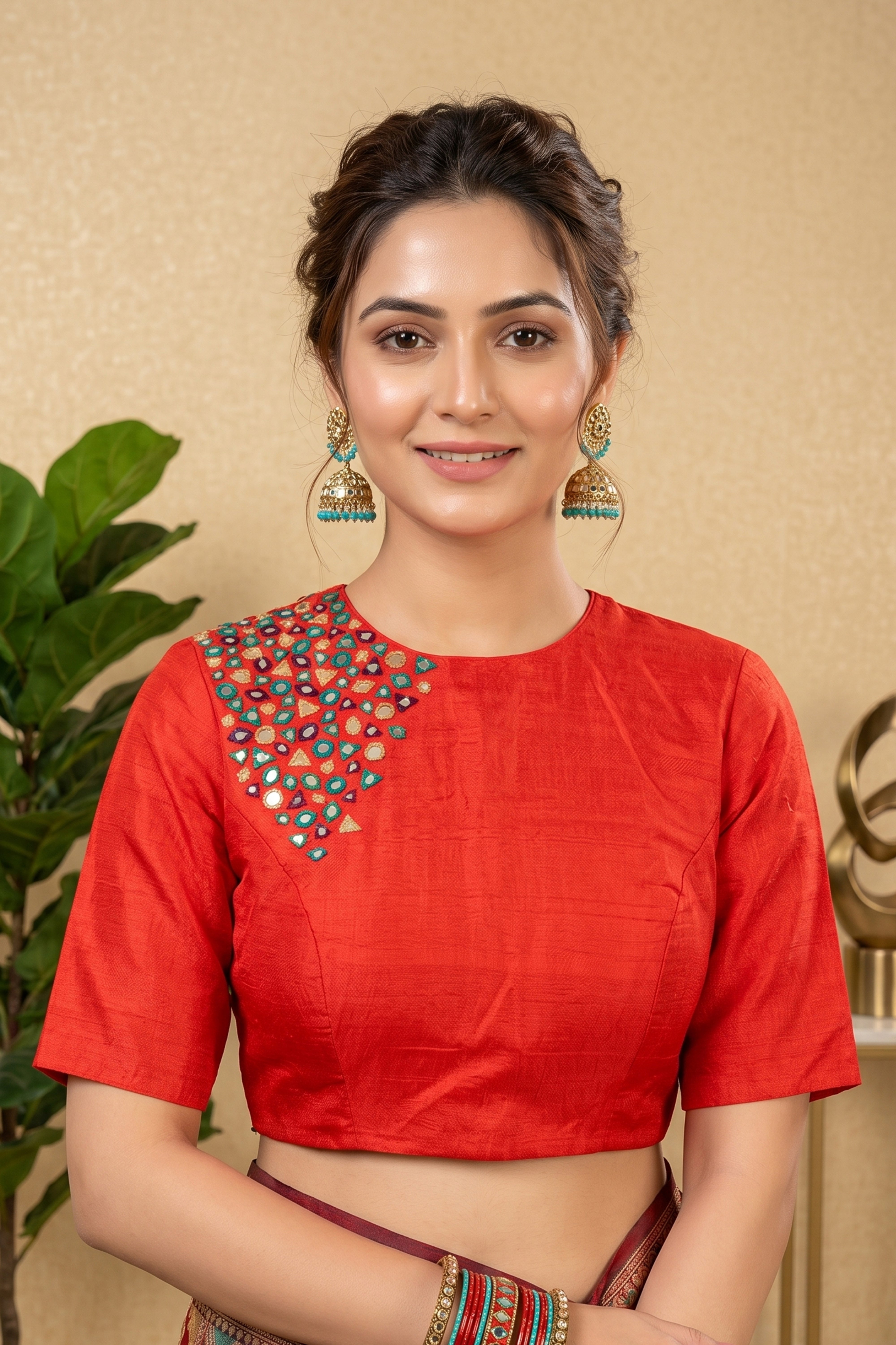 Vibrant Red Raw Silk Blouse with Asymmetrical Mirror Work