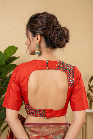 Vibrant Red Raw Silk Blouse with Asymmetrical Mirror Work