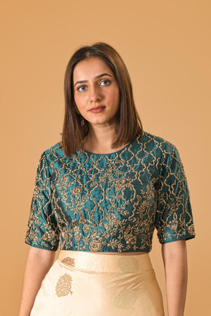 Regal Teal Embroidered Silk Blouse