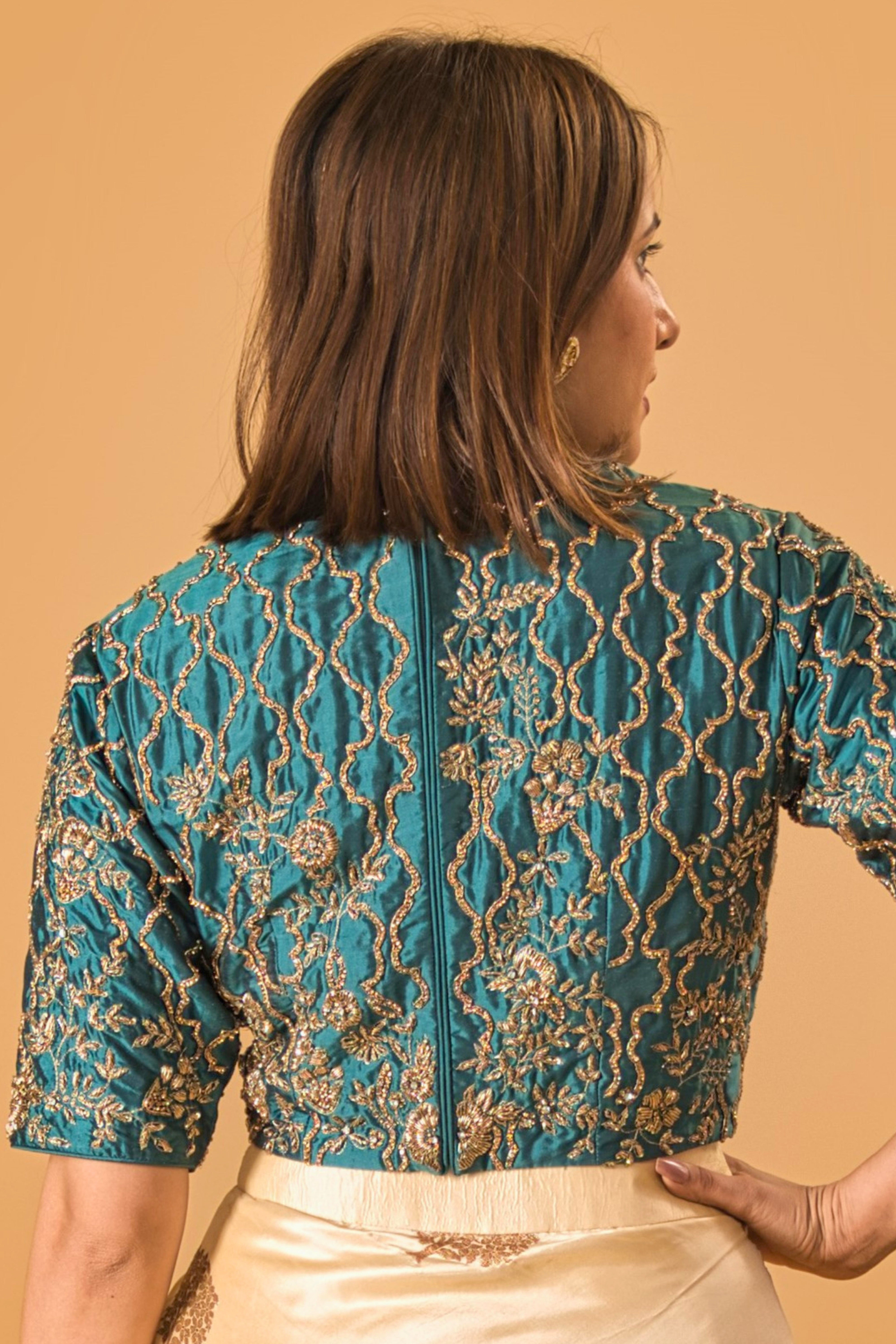 Regal Teal Embroidered Silk Blouse