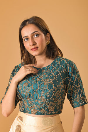Regal Teal Embroidered Silk Blouse