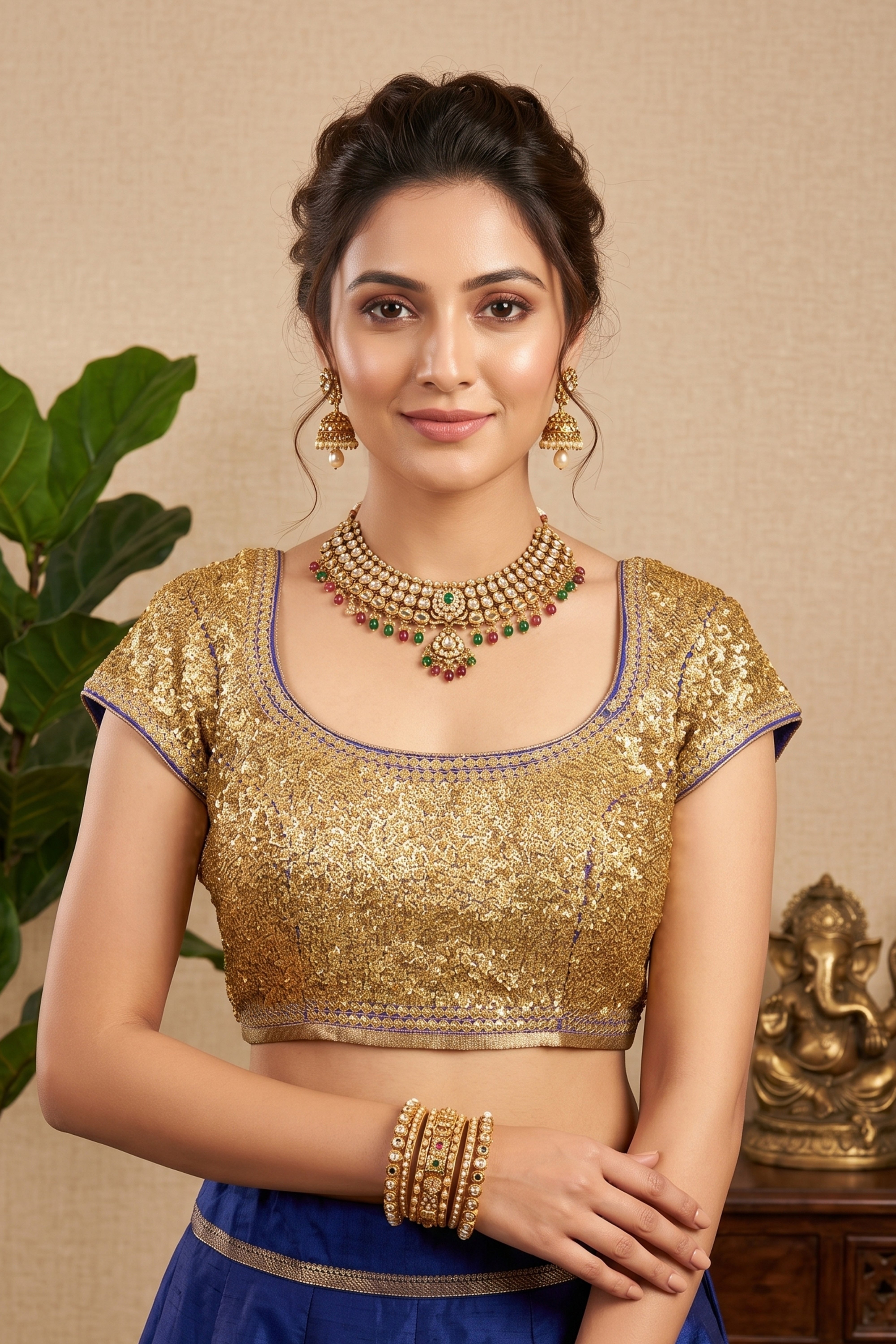 Radiant Gold Sequin Embellished Silk Blouse