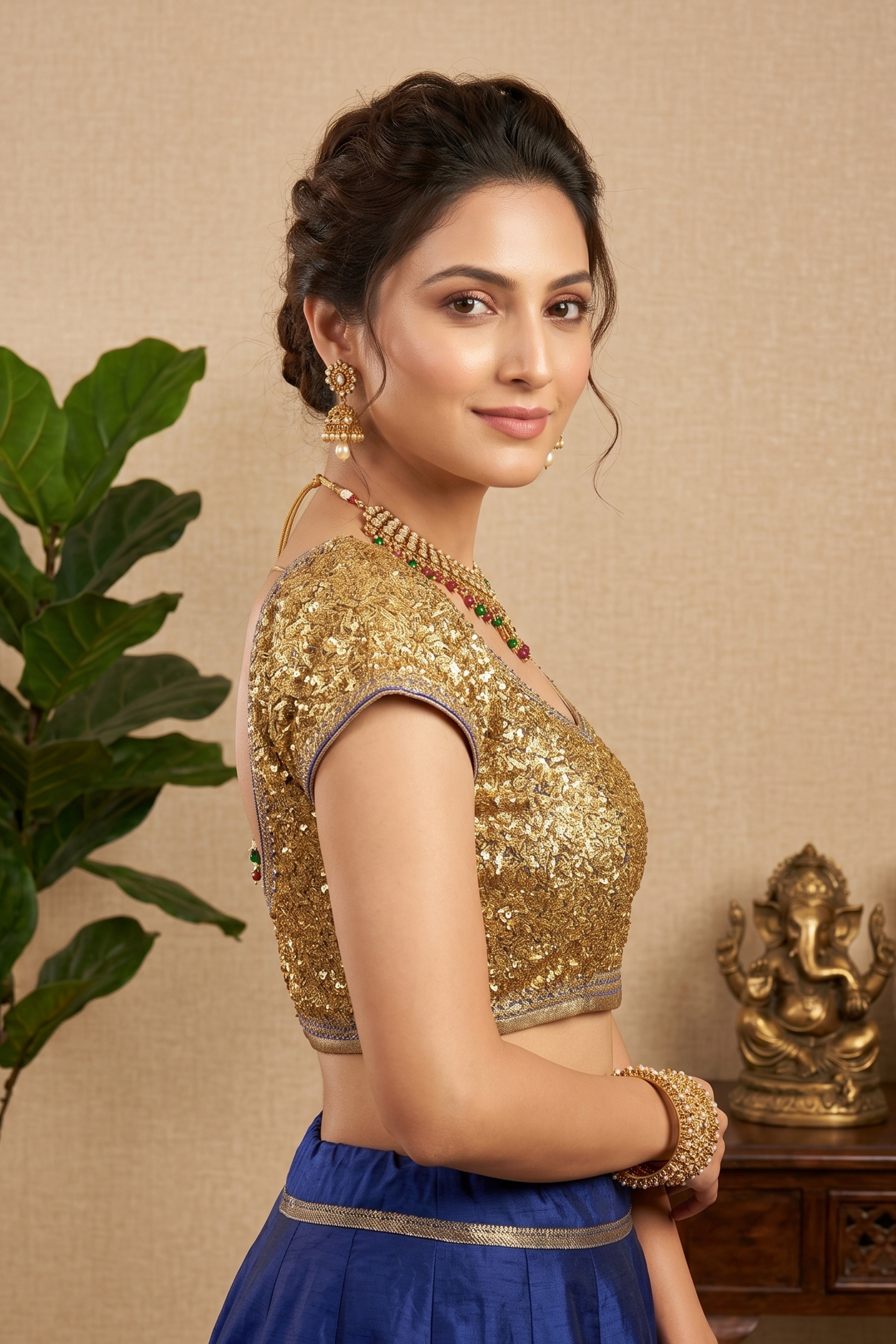 Radiant Gold Sequin Embellished Silk Blouse