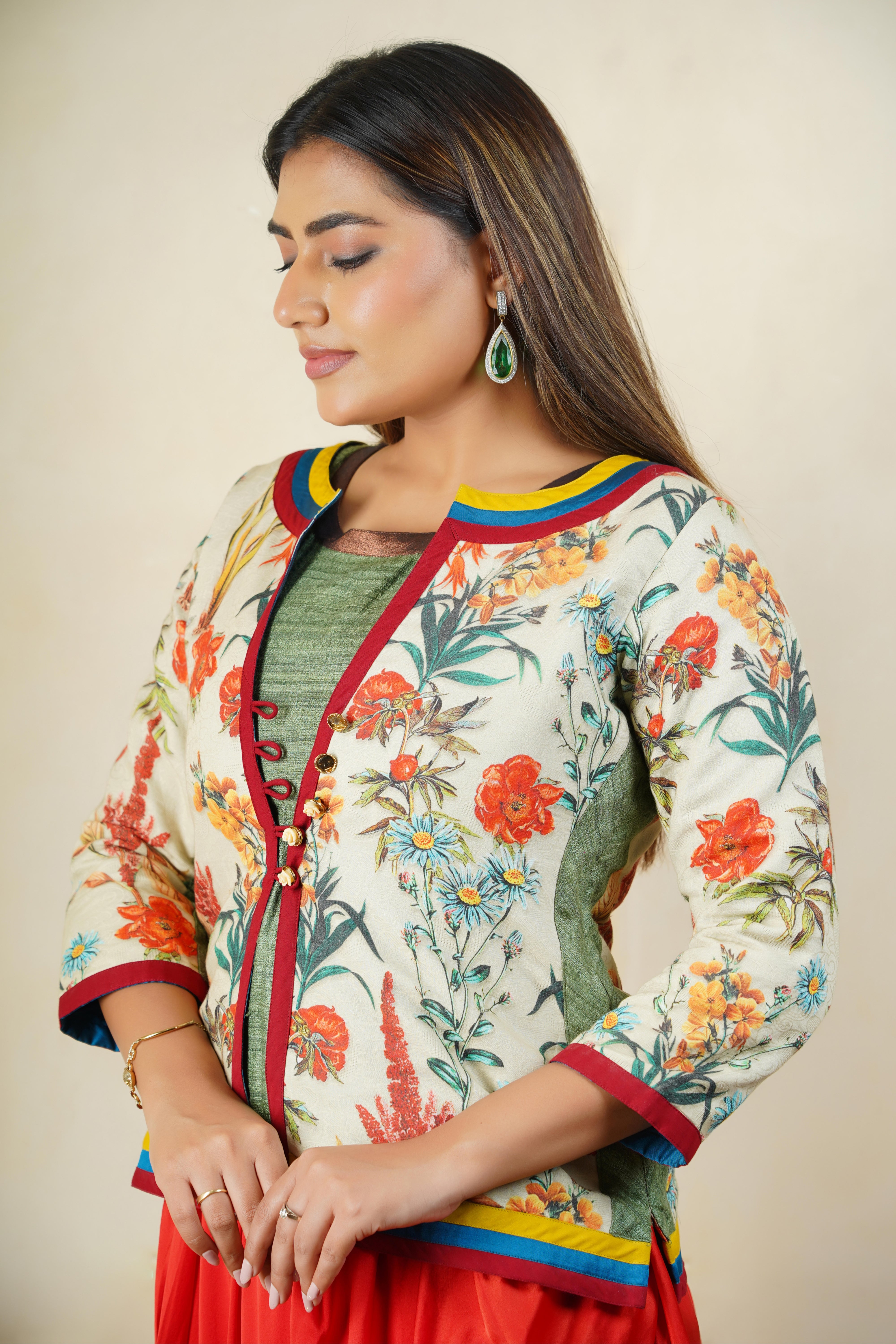 Botanical Print Chanderi Jacket Blouse with Olive Tussar Silk Inner