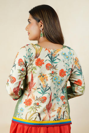 Botanical Print Chanderi Jacket Blouse with Olive Tussar Silk Inner