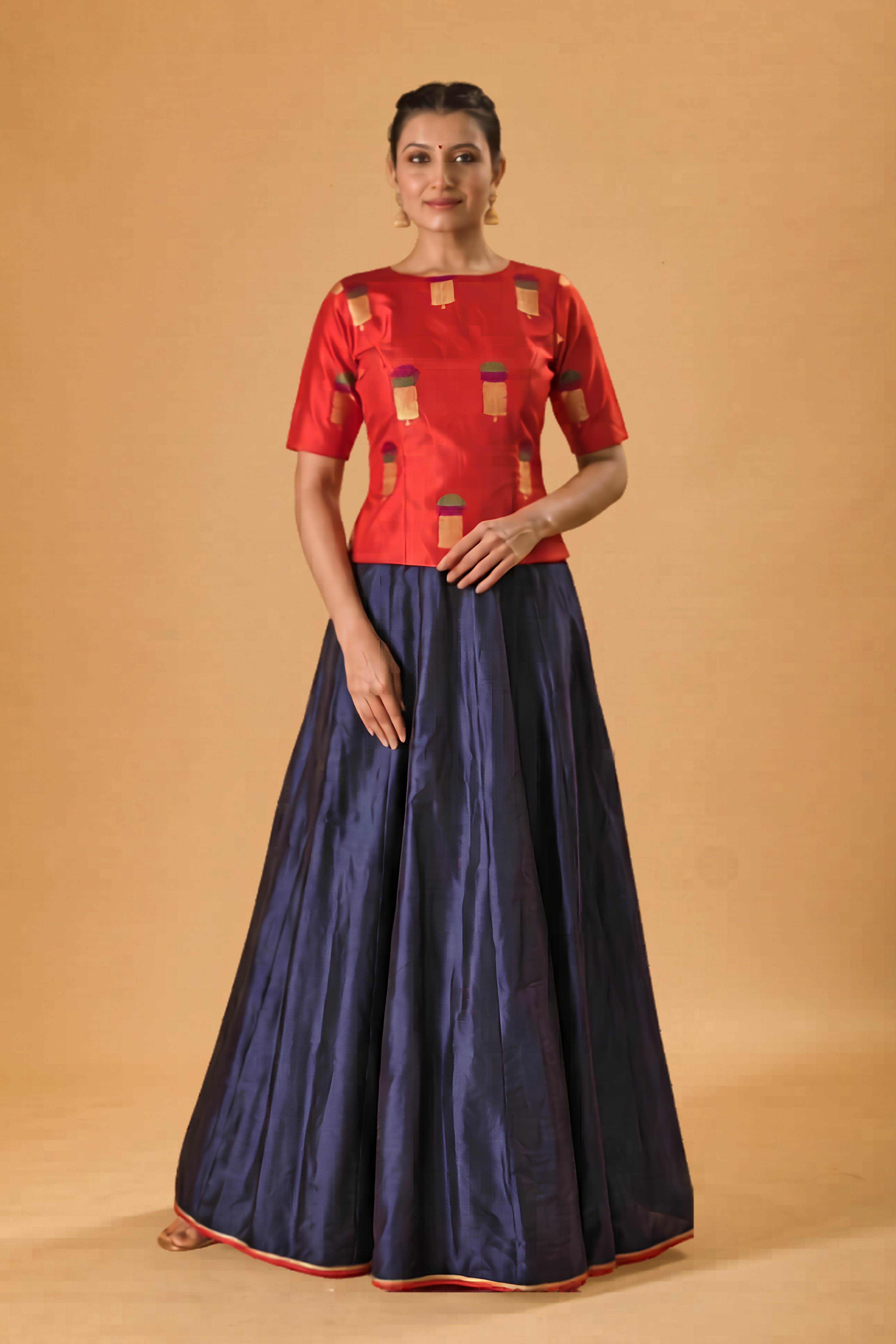 Crimson Red Silk Blouse & Navy Blue Lehenga Set