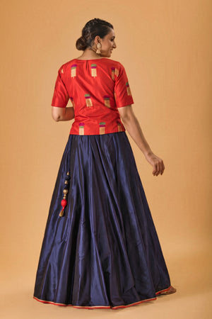 Crimson Red Silk Blouse & Navy Blue Lehenga Set