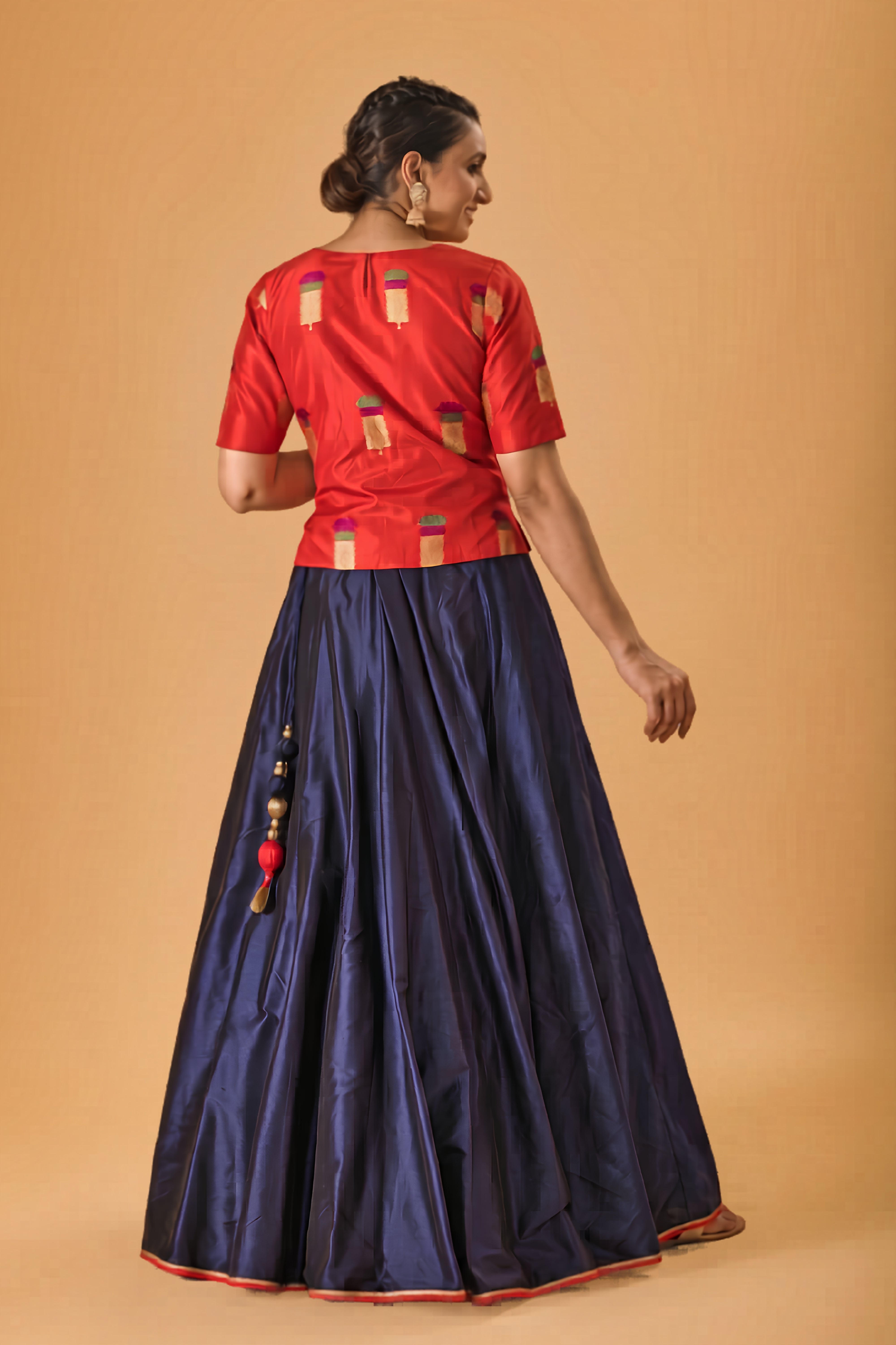 Crimson Red Silk Blouse & Navy Blue Lehenga Set