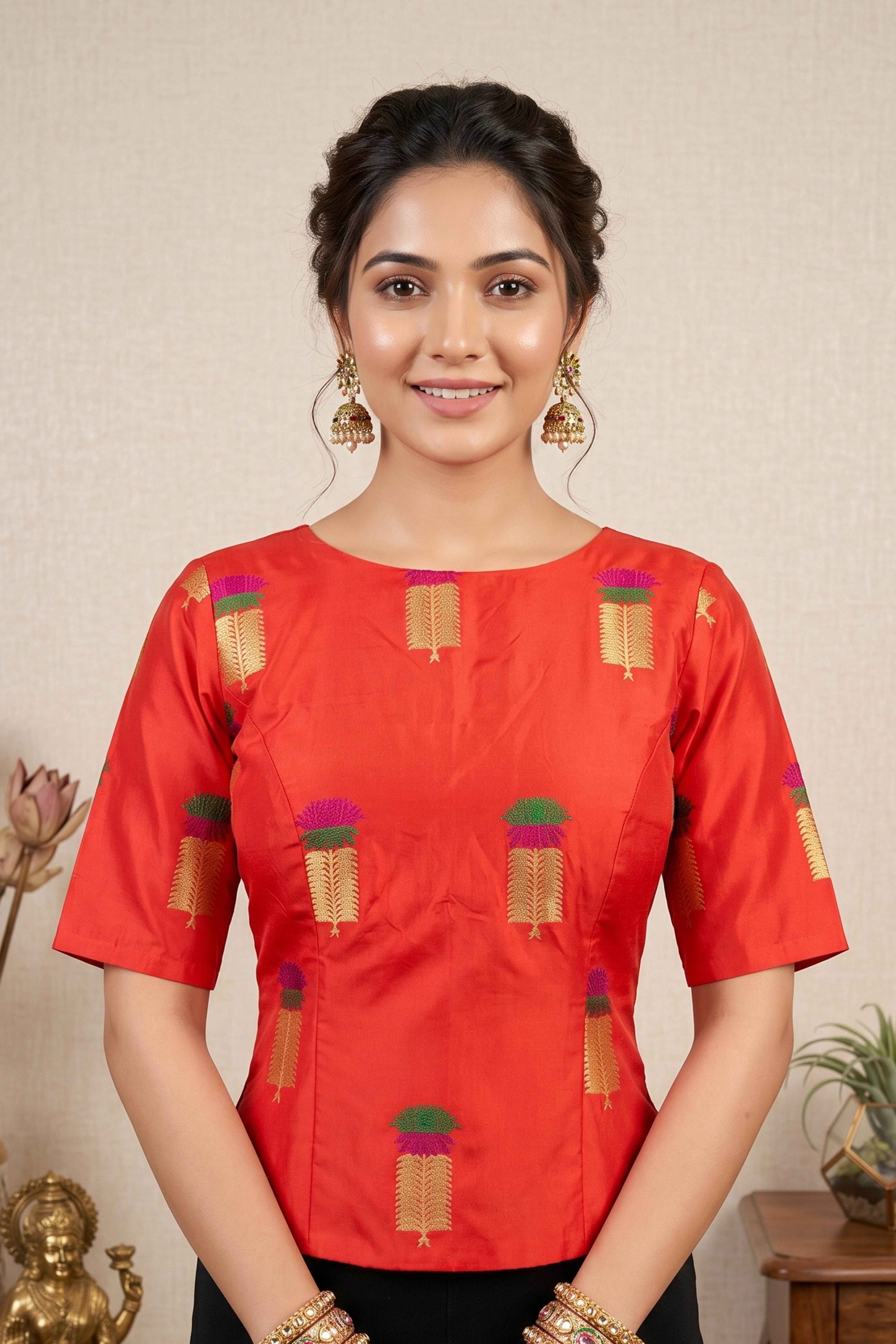 Vibrant Red Soft Banarasi Silk Blouse with Woven Motifs