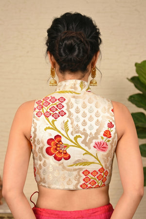 Off-White Floral Kin Khaab Banarasi Silk Front-Zip Blouse