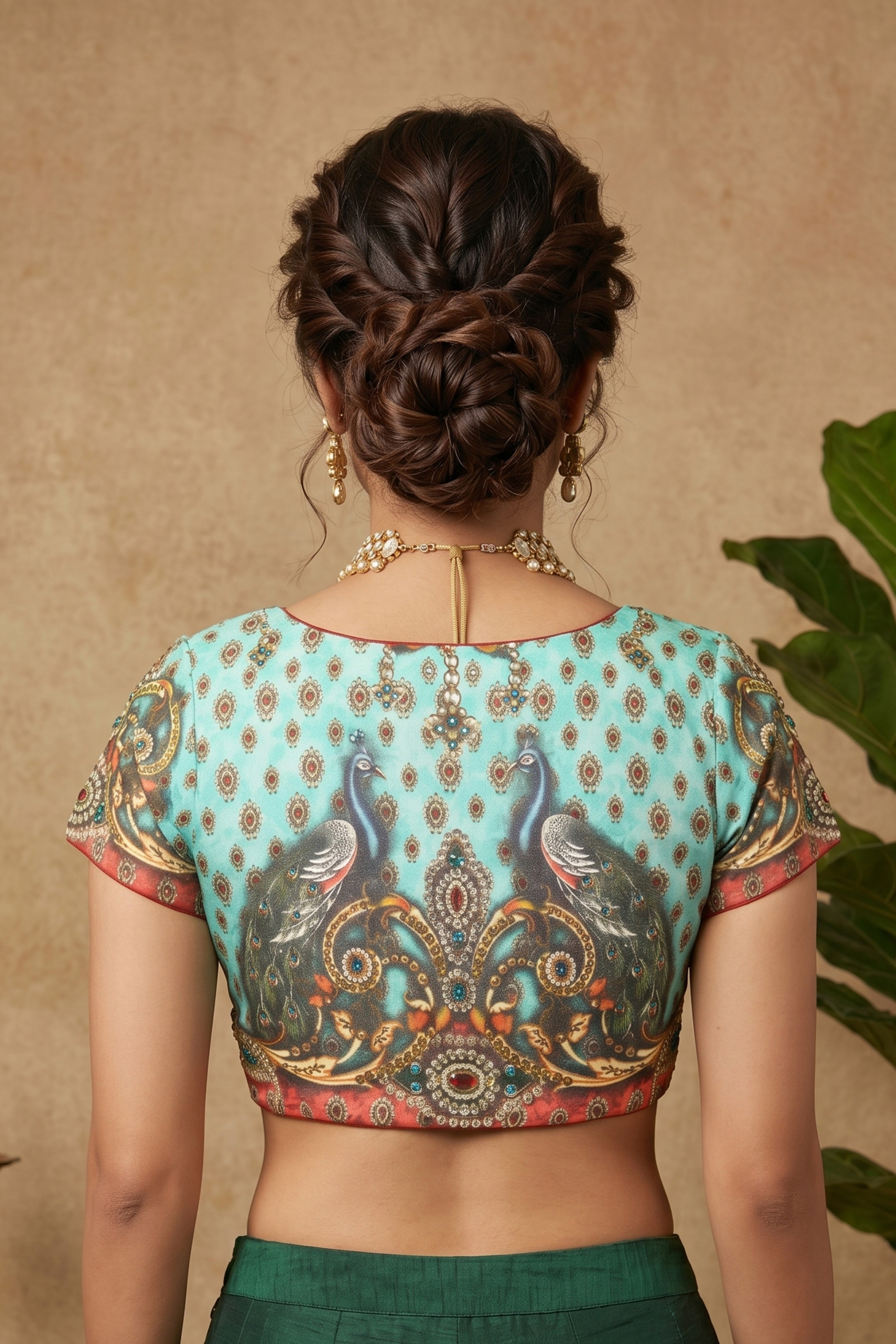 Turquoise Blue Peacock Motif Digital Print Crepe Blouse
