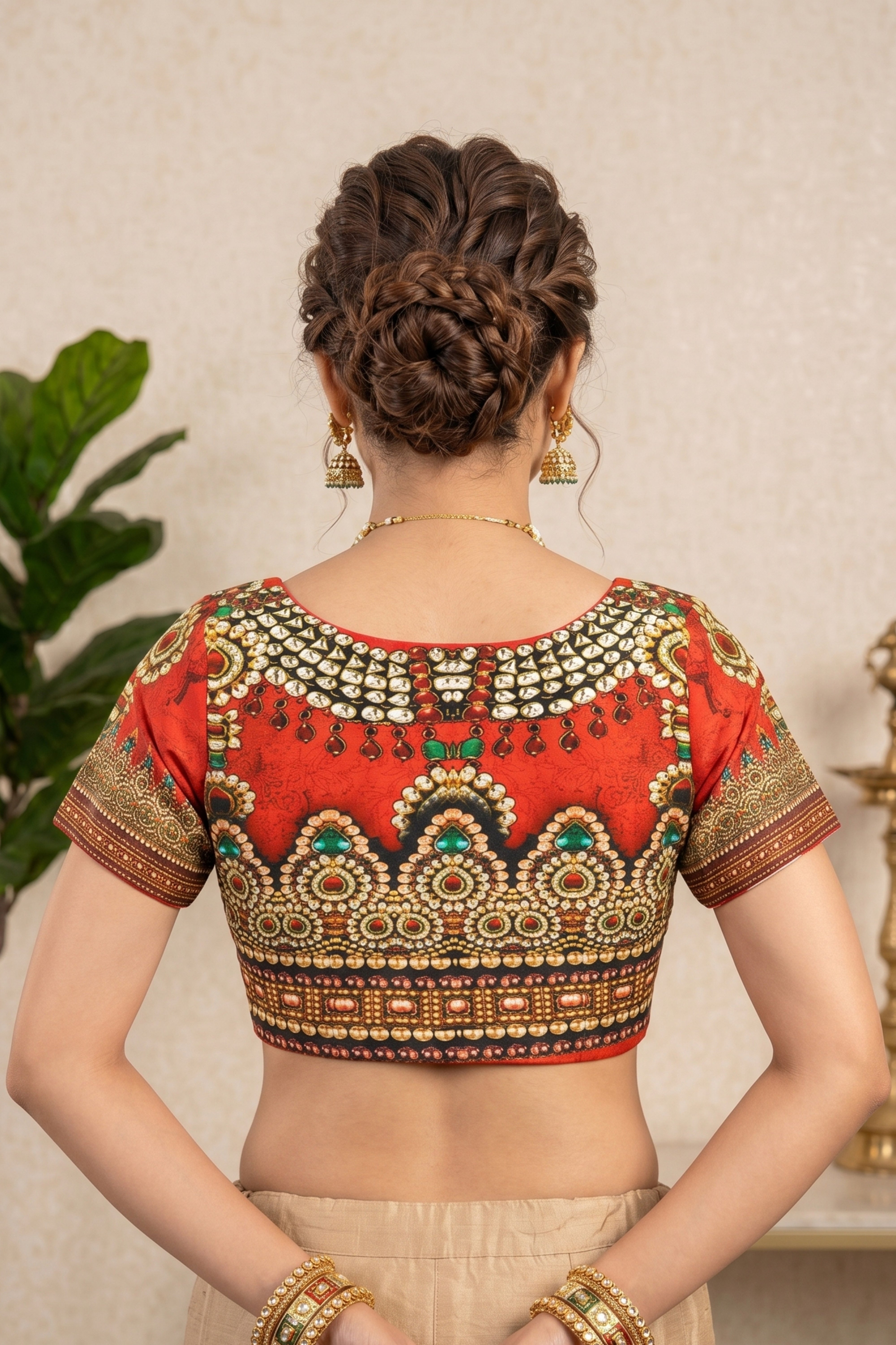 Vibrant Red Jewel-Print Crepe Blouse