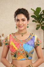 Vibrant Abstract Print Crepe Silk Blouse with Jewel Embellishments