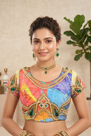 Vibrant Abstract Print Crepe Silk Blouse with Jewel Embellishments