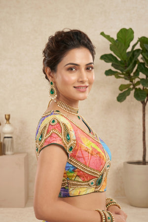 Vibrant Abstract Print Crepe Silk Blouse with Jewel Embellishments