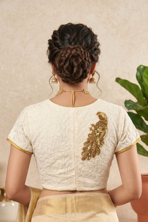Ivory Textured Blouse with Gold Peacock Embellishments