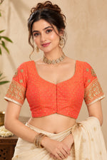 Coral Orange Embroidered Designer Blouse with Gold Motifs
