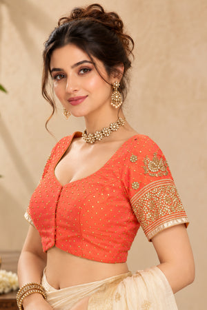 Coral Orange Embroidered Designer Blouse with Gold Motifs
