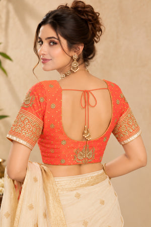 Coral Orange Embroidered Designer Blouse with Gold Motifs