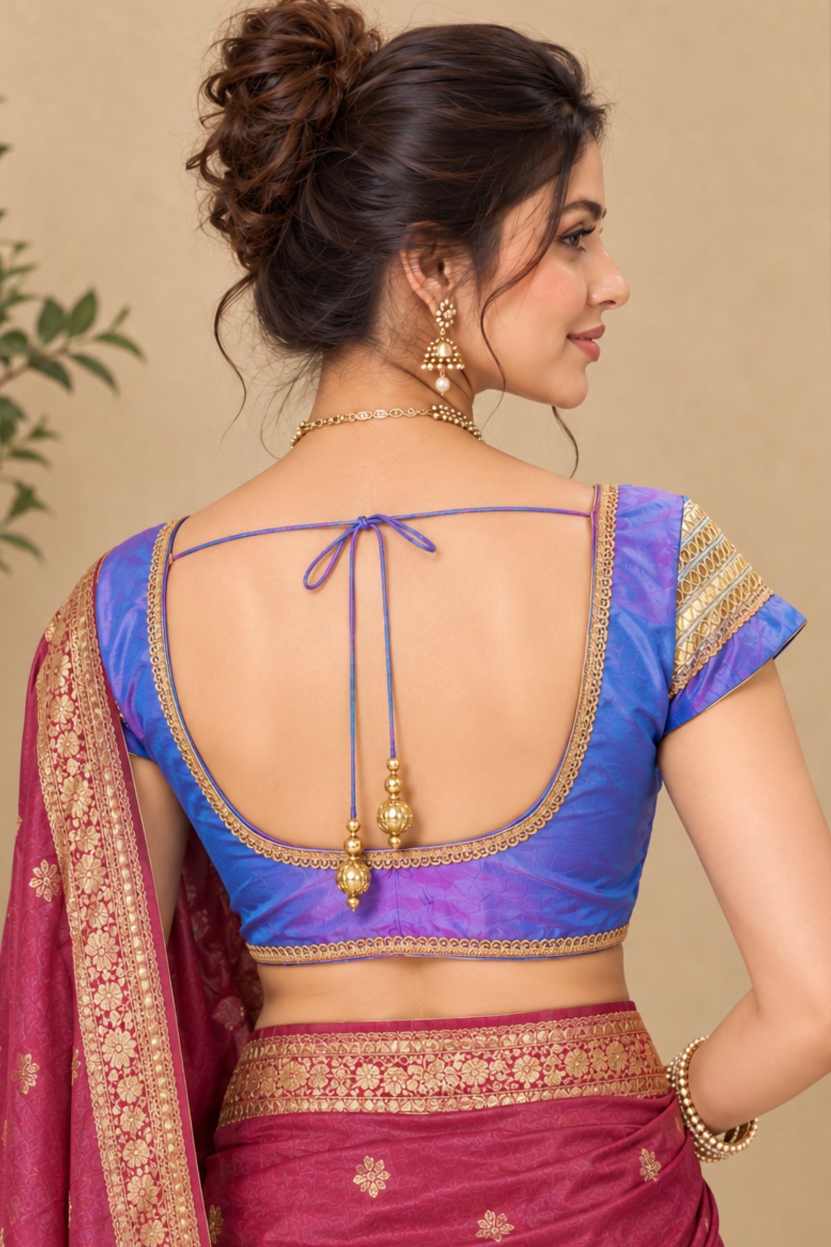 Royal Blue Silk Designer Blouse with Gold Border & Embellished Sleeves
