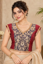Maroon & Navy Blue Brocade Patchwork Designer Blouse