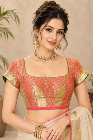 Coral Pink & Gold Brocade Patchwork Designer Blouse