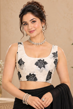 Ivory & Black Floral Sleeveless Designer Blouse
