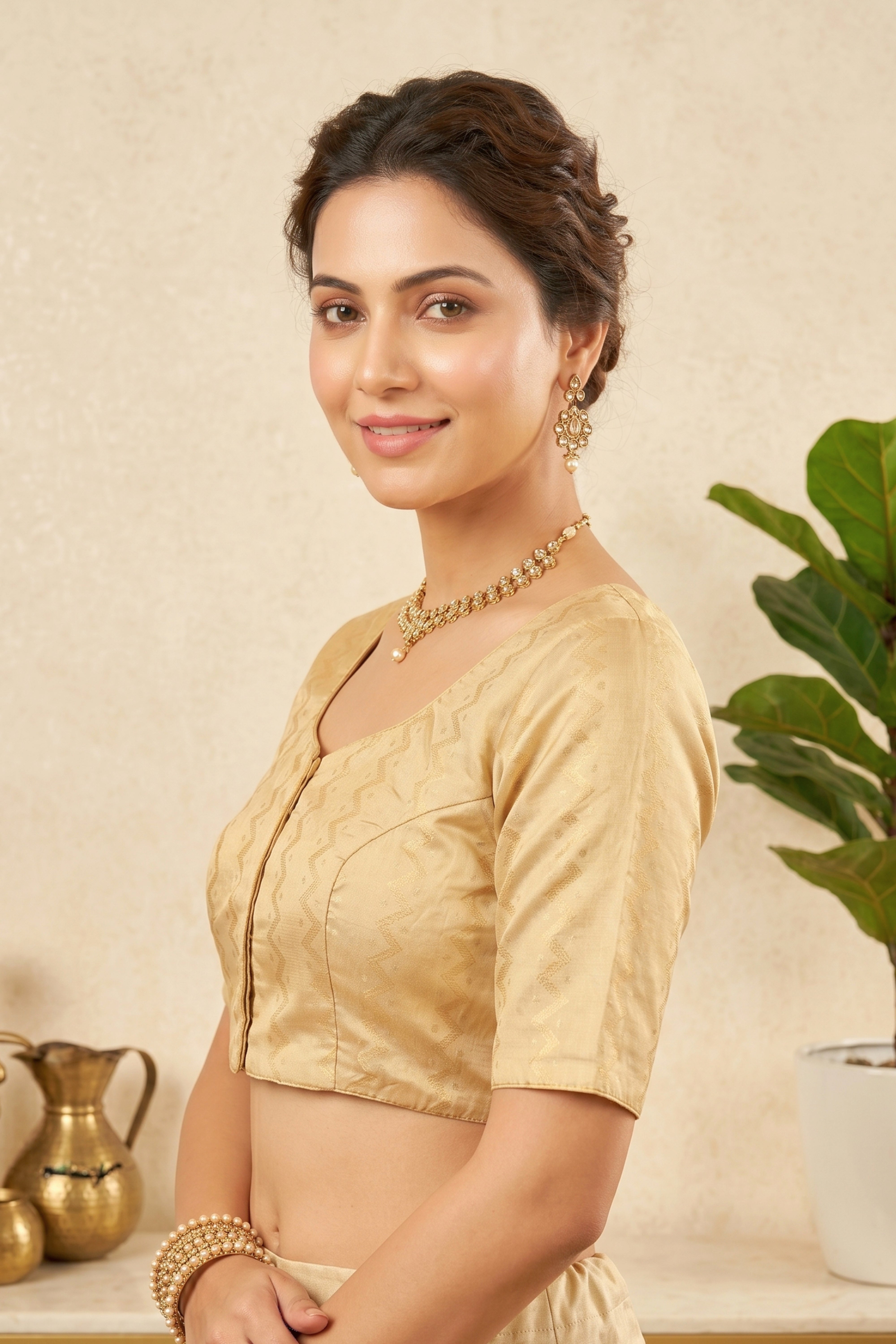 Classic Champagne Gold Silk Blouse with Subtle Chevron Weave