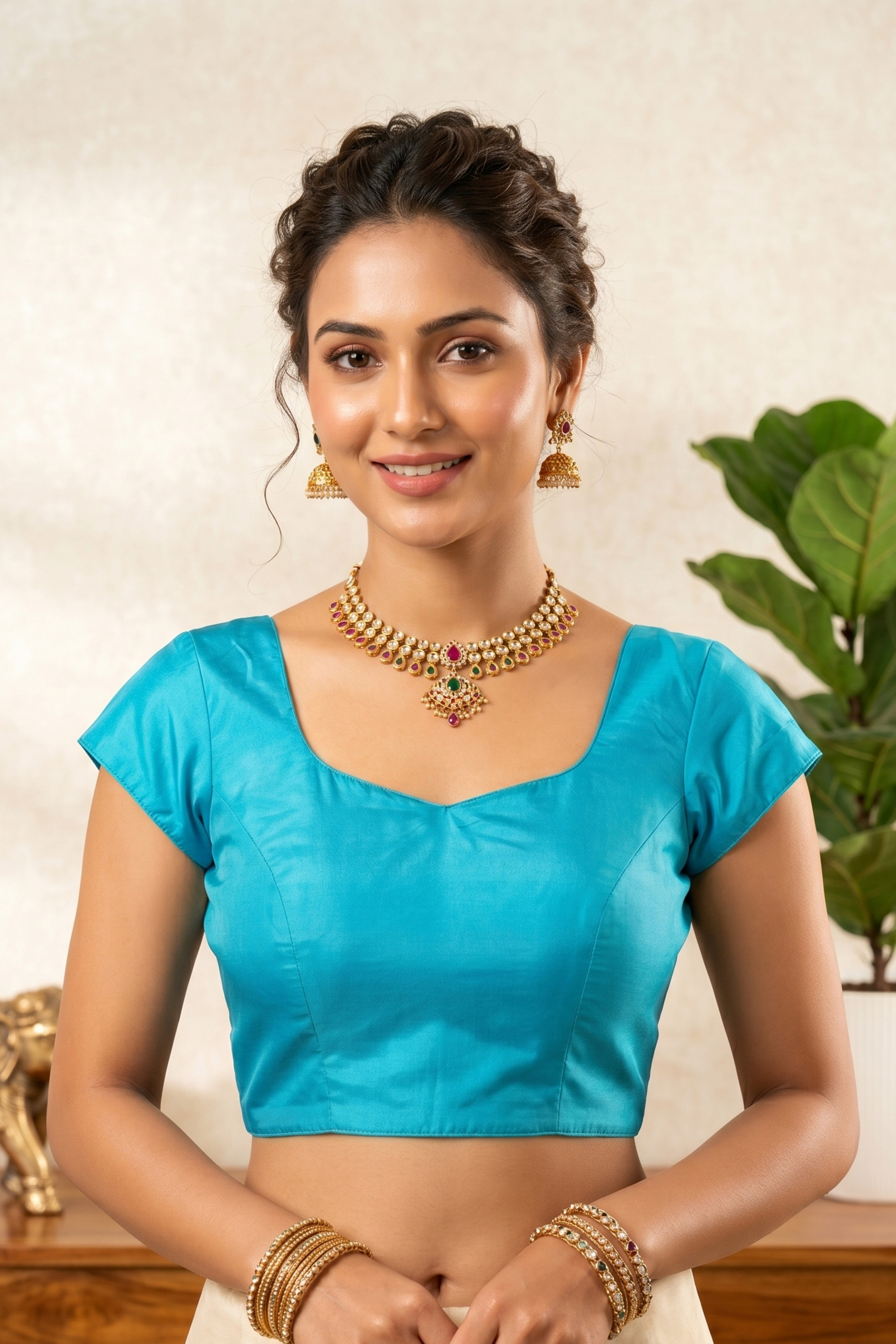 Vibrant Turquoise Blue Silk Blouse with Sweetheart Neckline