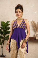 Purple Georgette Halter Neck Peplum Blouse with Gold Embroidery