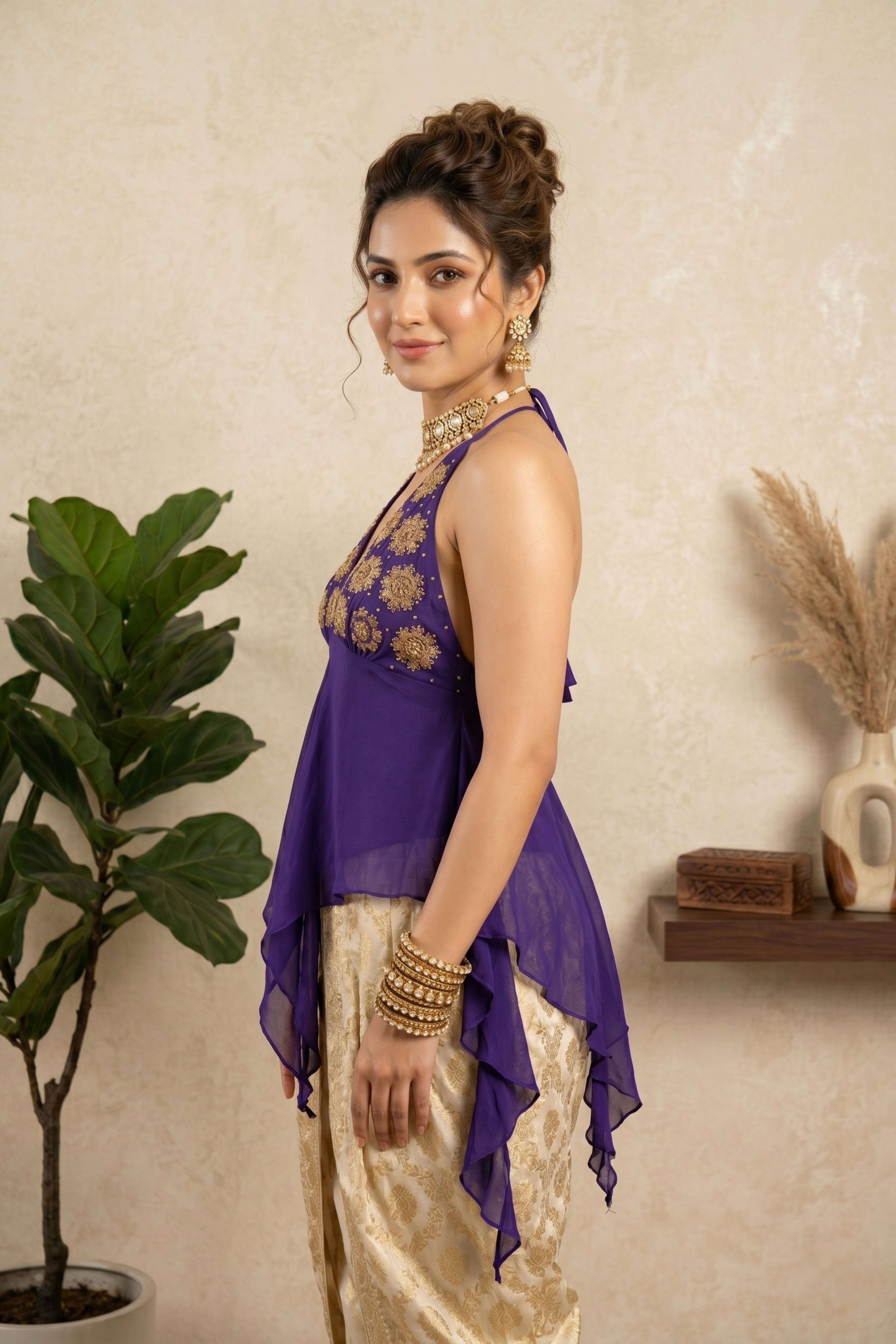 Purple Georgette Halter Neck Peplum Blouse with Gold Embroidery