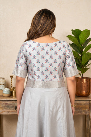 Silver Grey Floral Print Banarasi Silk Designer Blouse