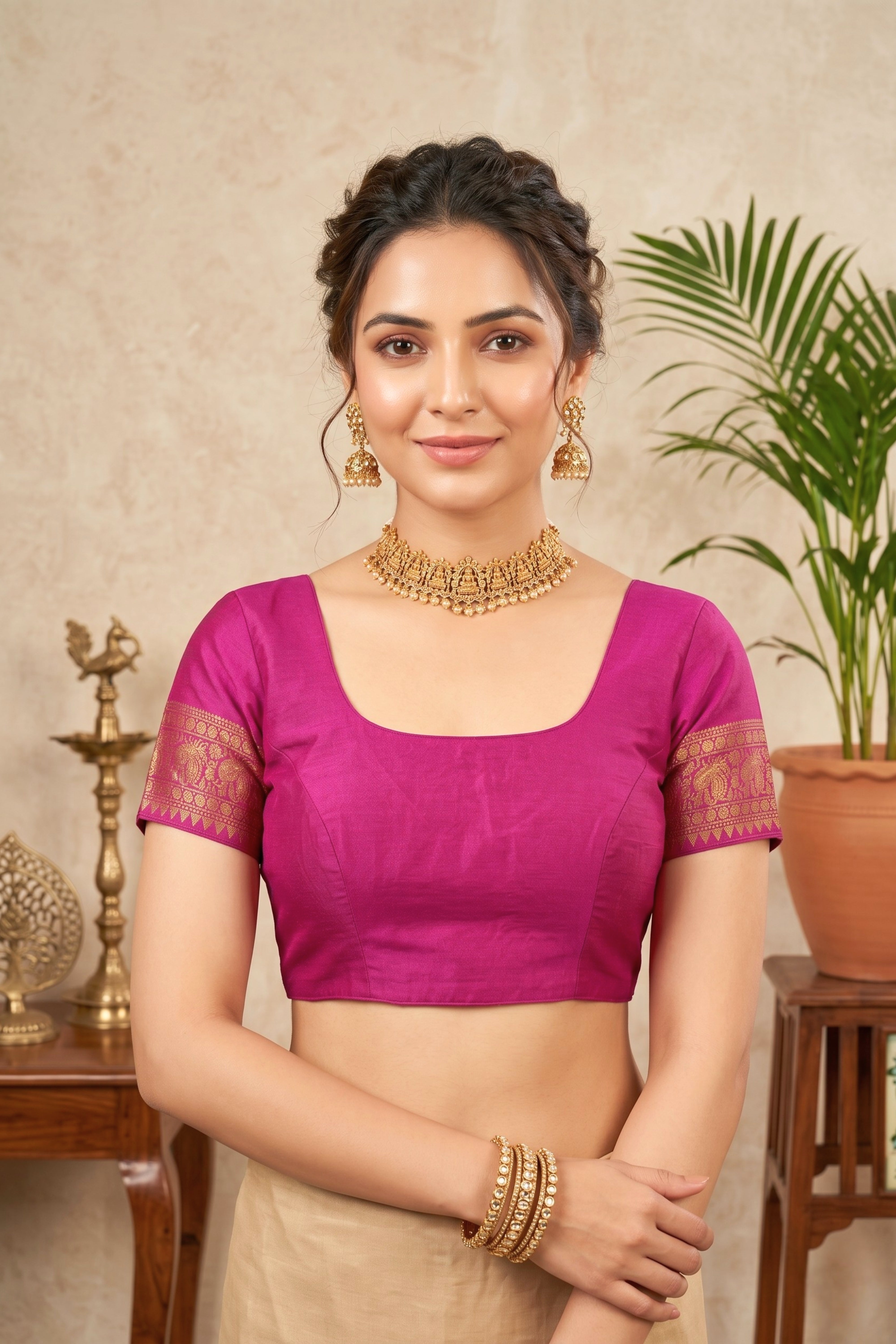 Regal Magenta Silk Blouse with Traditional Zari Border