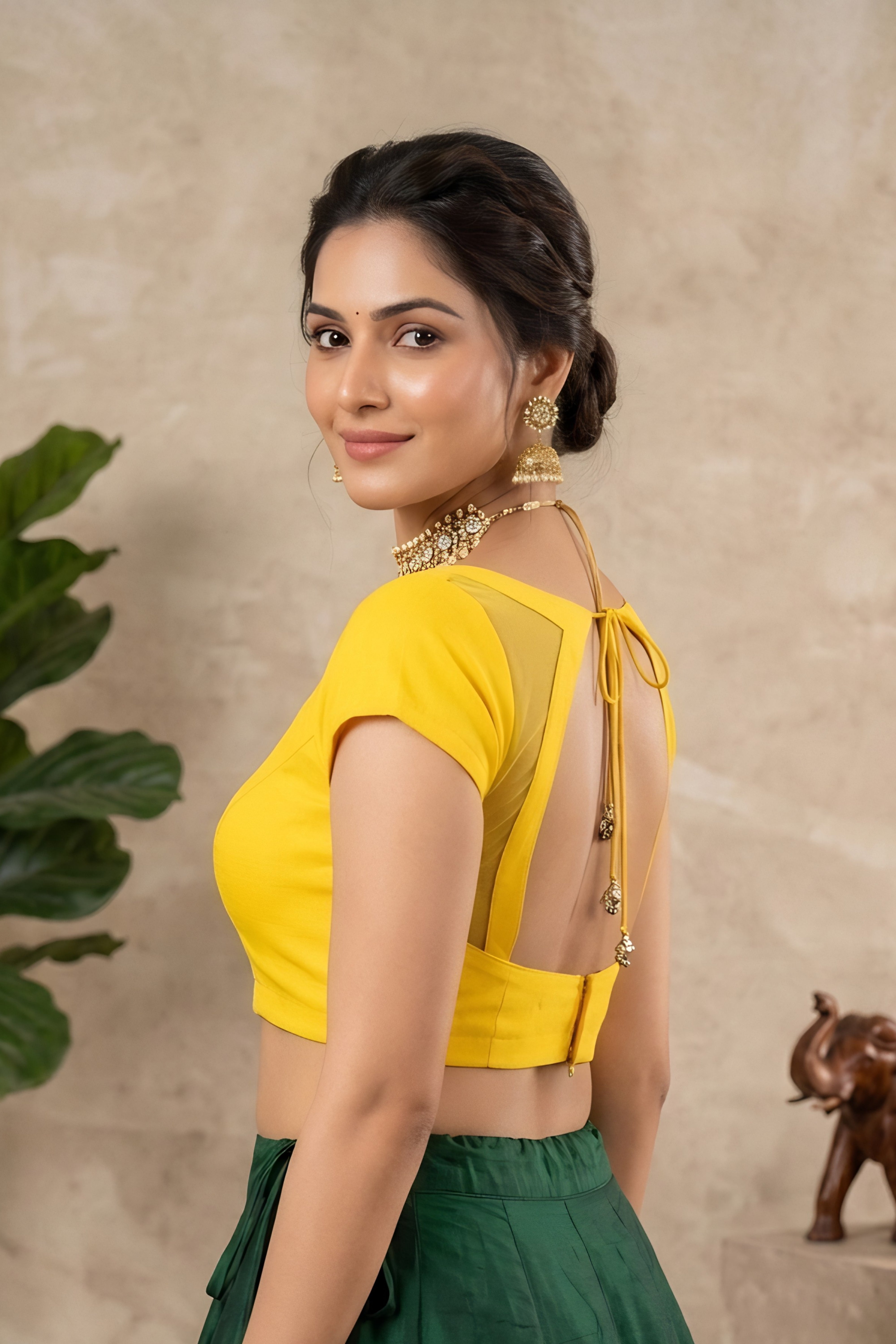 Vibrant Sunflower Yellow Crepe Blouse with Sheer Mesh Back