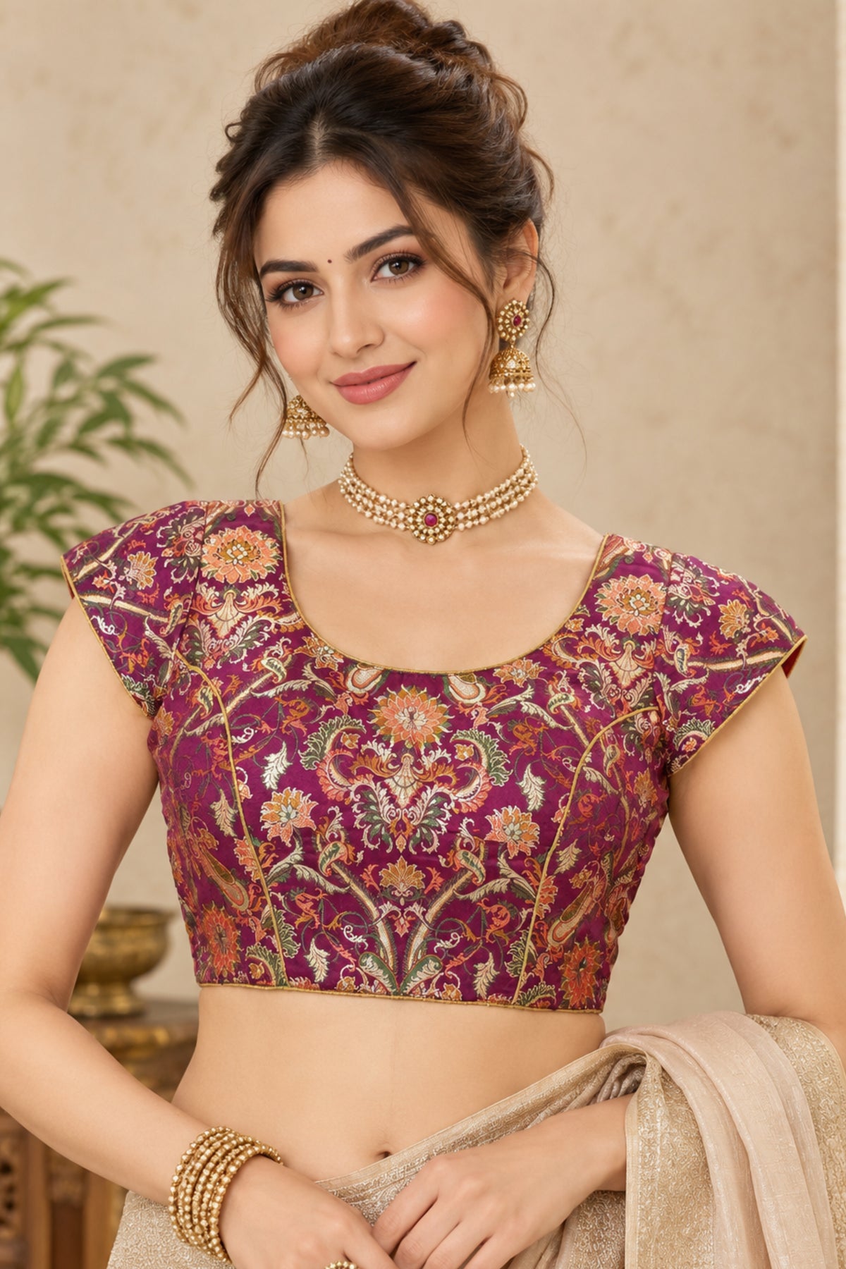Rich Magenta & Multi-Color Floral Brocade Designer Blouse